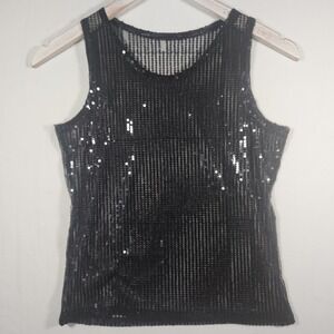 Black Sequin Mesh Tank Top‎ Sleeveless Scoop Neck Shimmer Party Blouse